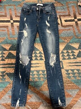 Kancan Distressed Dark Wash Skinny Jeans - Blue